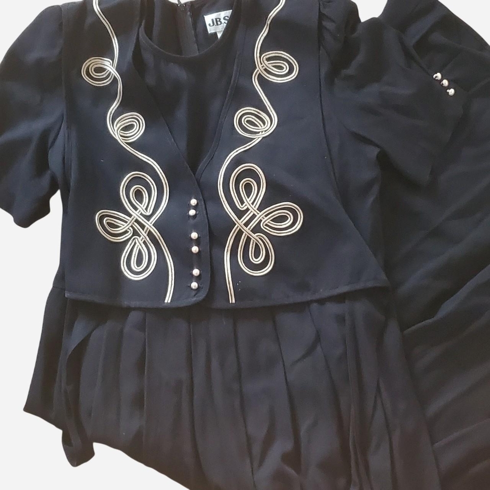 JBS Black and Gold Vintage Dress with Attached Vest and Shoulder Pads  🌟